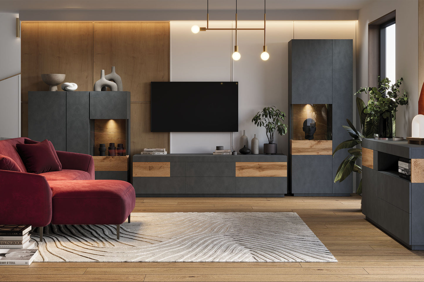 Kumode Solani 219/85/40 cm antracīts/Votan ozols - N1 Home