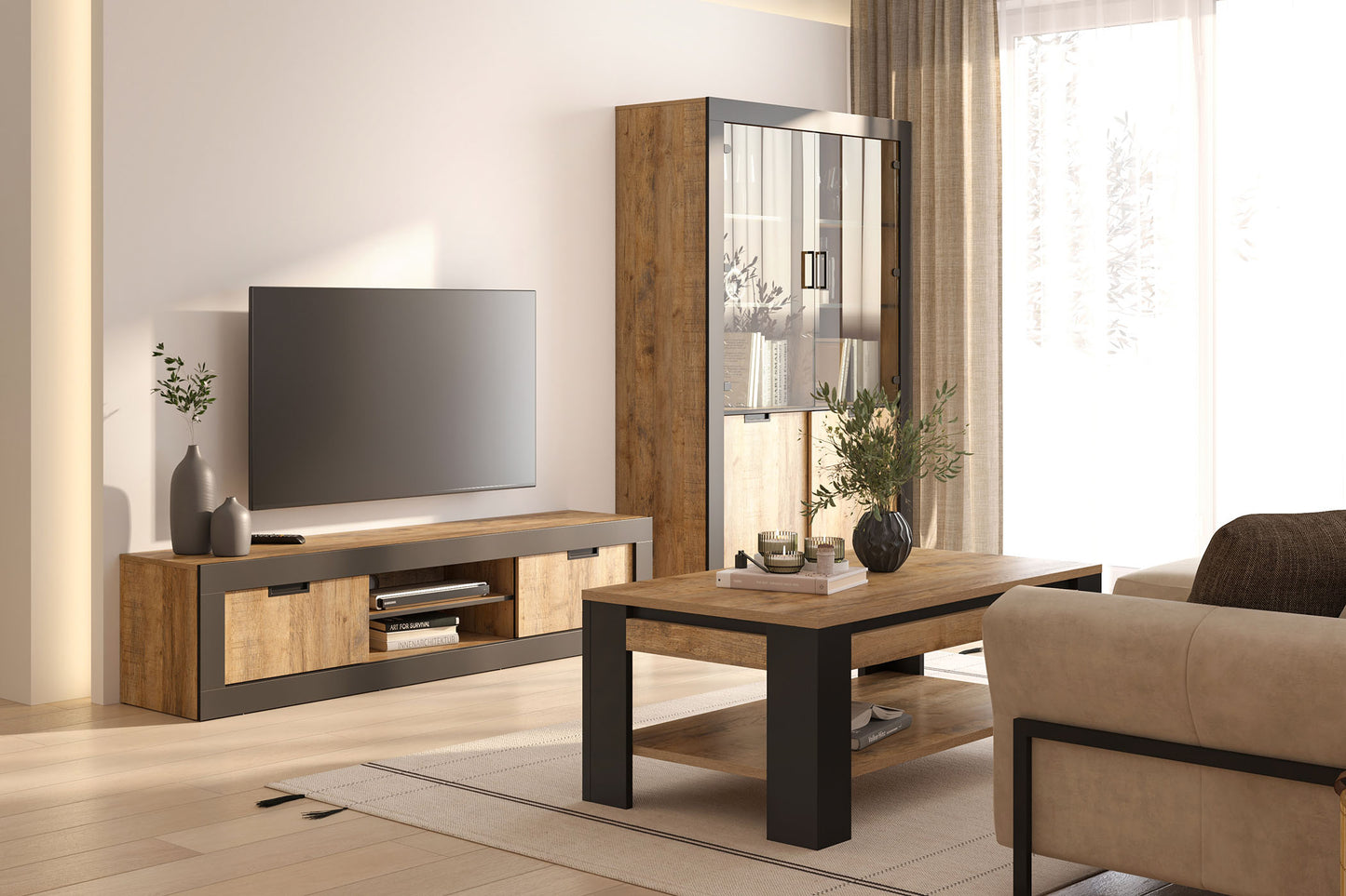 Vitrīnas skapis Valor 120/87/45 cm samdal ozols/melns