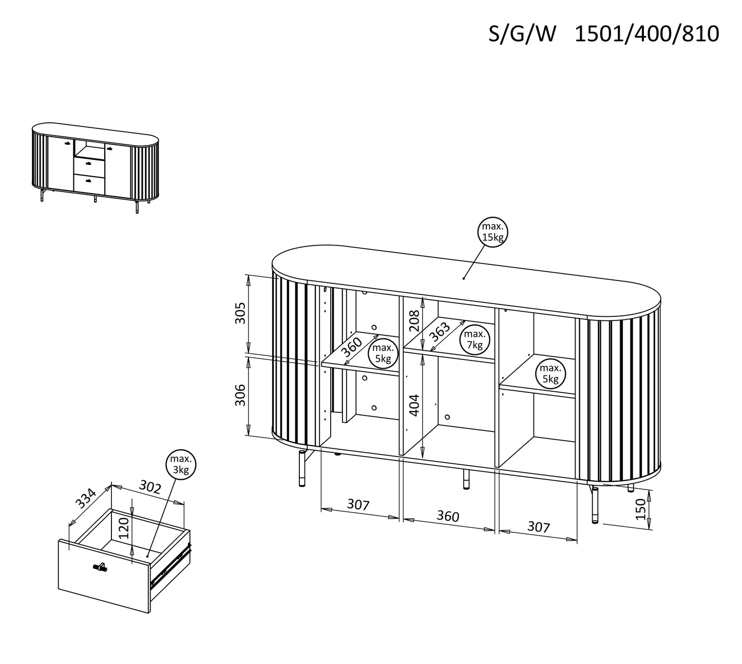Kumode Zanto 150/40/81 cm melns