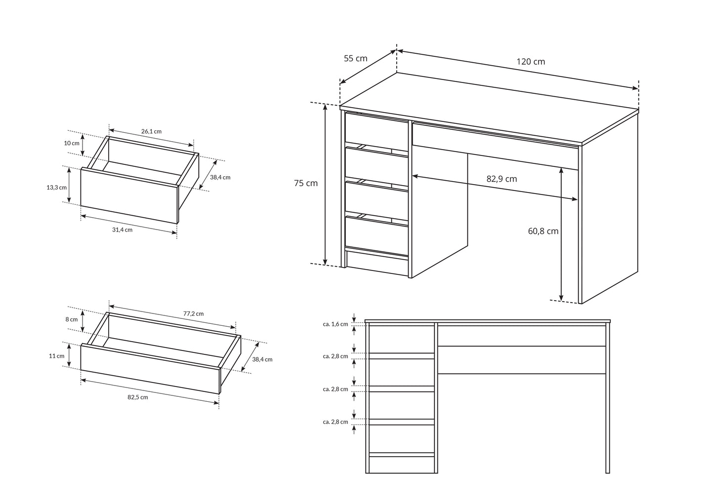 Antracīta rakstāmgalds ar atvilktnēm Ald 75/120/55 cm - N1 Home