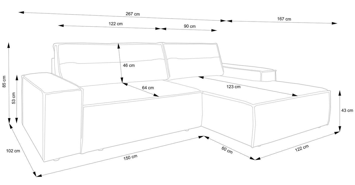 REFESE L-veida dīvāns ar gulēšanas funkciju un glabāšanas kasti, gaiši pelēks šenils, kreisa puse Cremona 01 - N1 Home