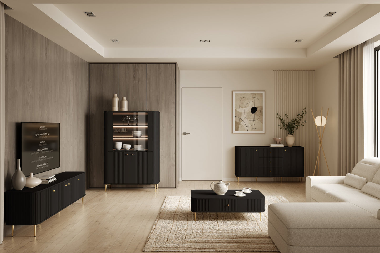 Vitrīnas skapis Vespa 103/156/38 cm melns/zelts - N1 Home