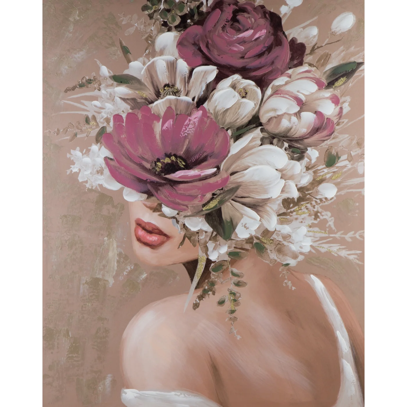 Glezna, ar roku gleznota uz audekla, sievietes portrets ar ziediem uz galvas 80/100 cm - N1 Home