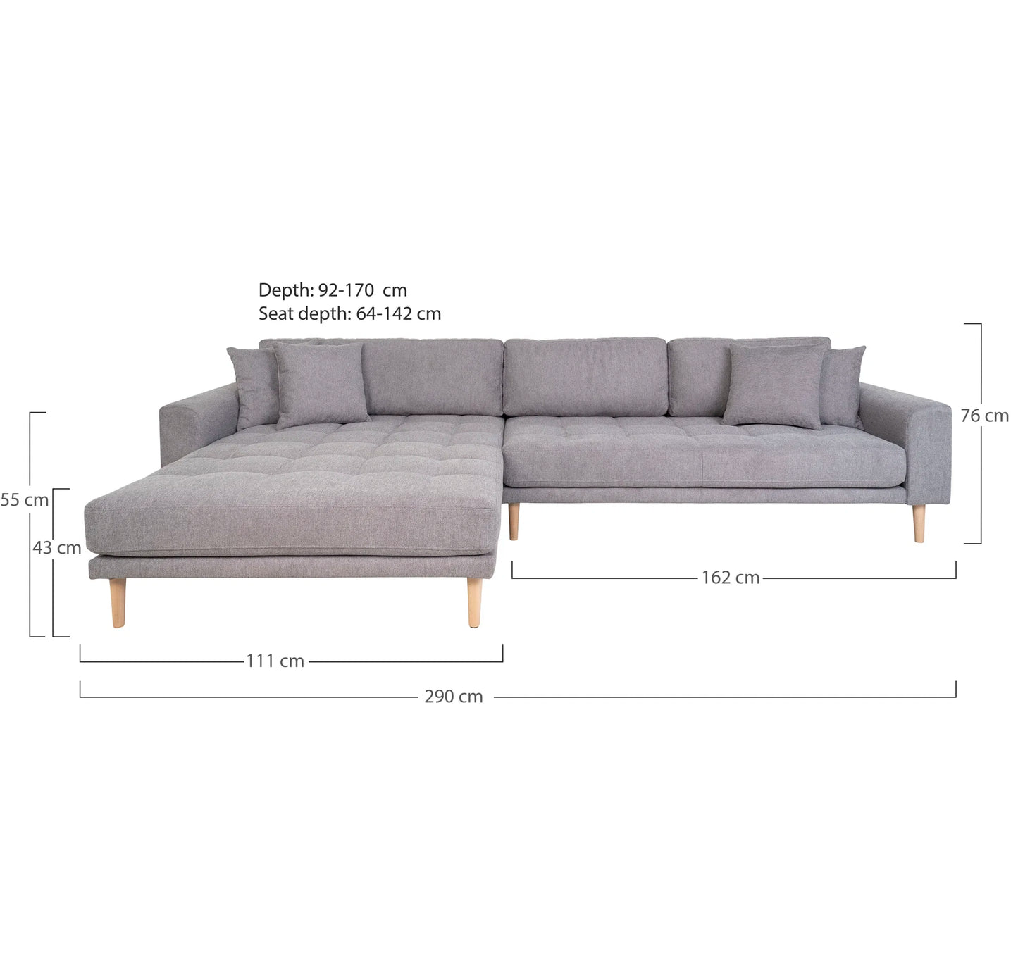Dīvāns Lounge Lito 290/170/76 cm gaiši pelēks