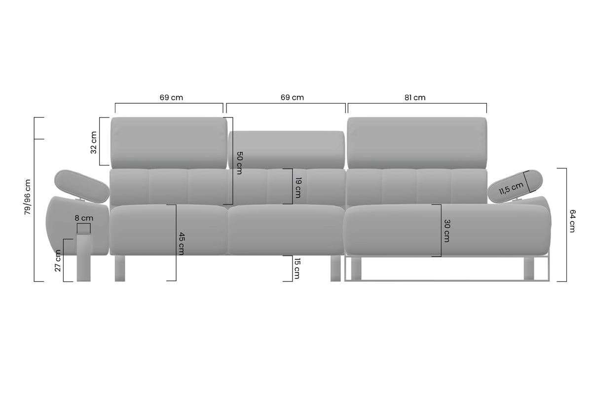 Dīvāns VECA M  kreisais stūris 293/79-96/176 cm pelēks/ melnas kājas - N1 Home