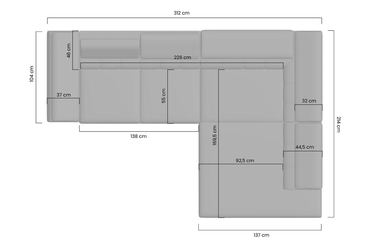 Dīvāns VECA L kreisais stūris 312/79-96/214 pelēks/ zelta kājas - N1 Home