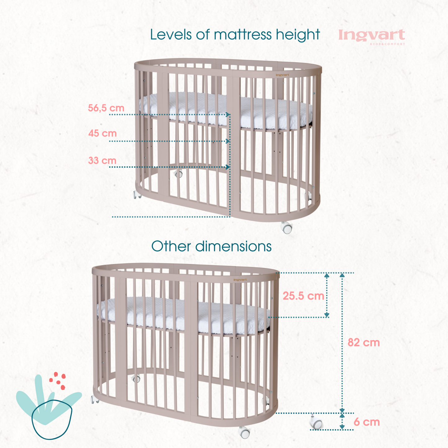 Ovāla bērnu gultiņa Transformers Smart Bed 7 in 1 82/75/60 cm ivory krāsa - N1 Home