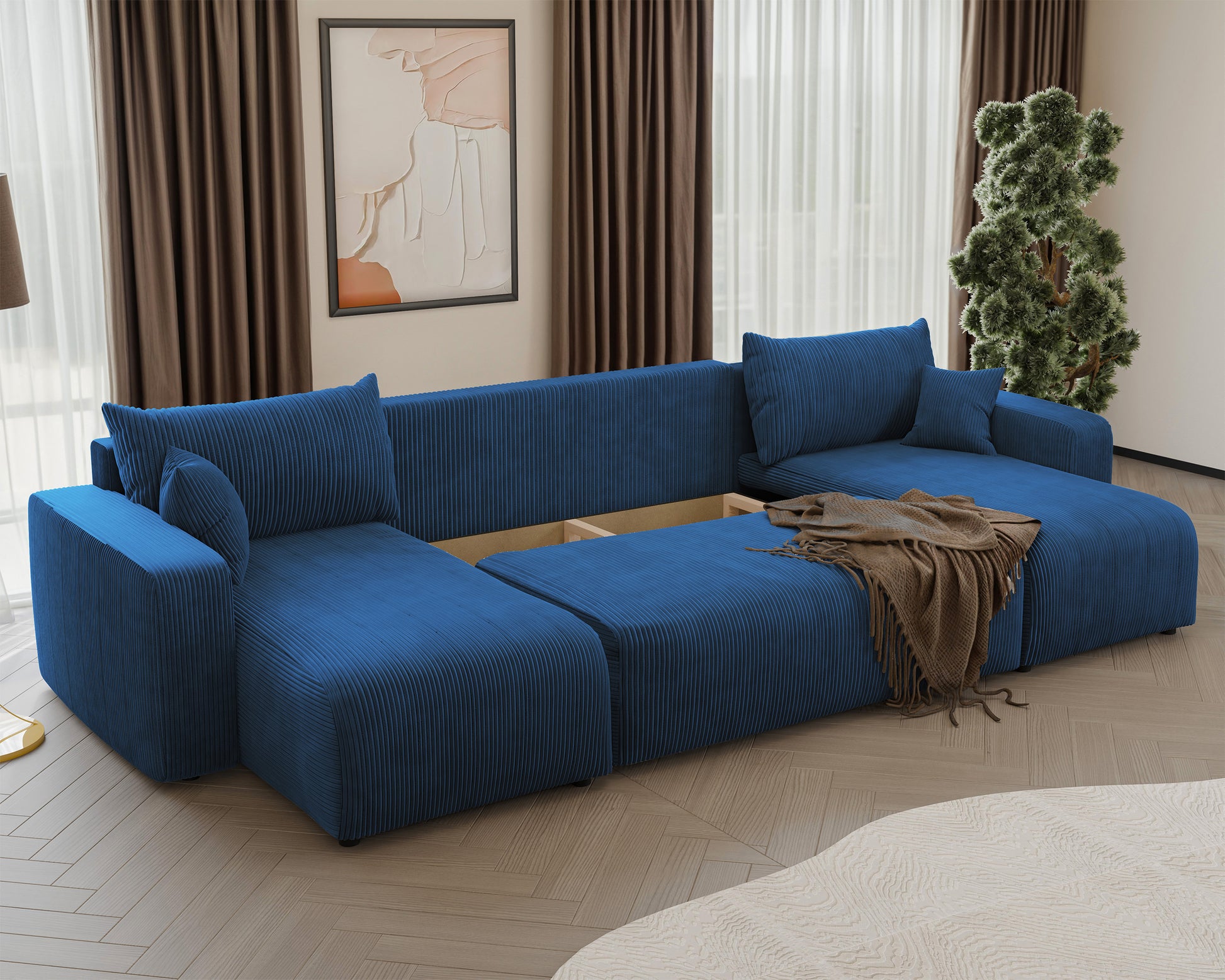 NONIPIA U-formas stūra dīvāns ar gulēšanas funkciju, ar konteineri, universāls, tumši zils velvets - N1 Home