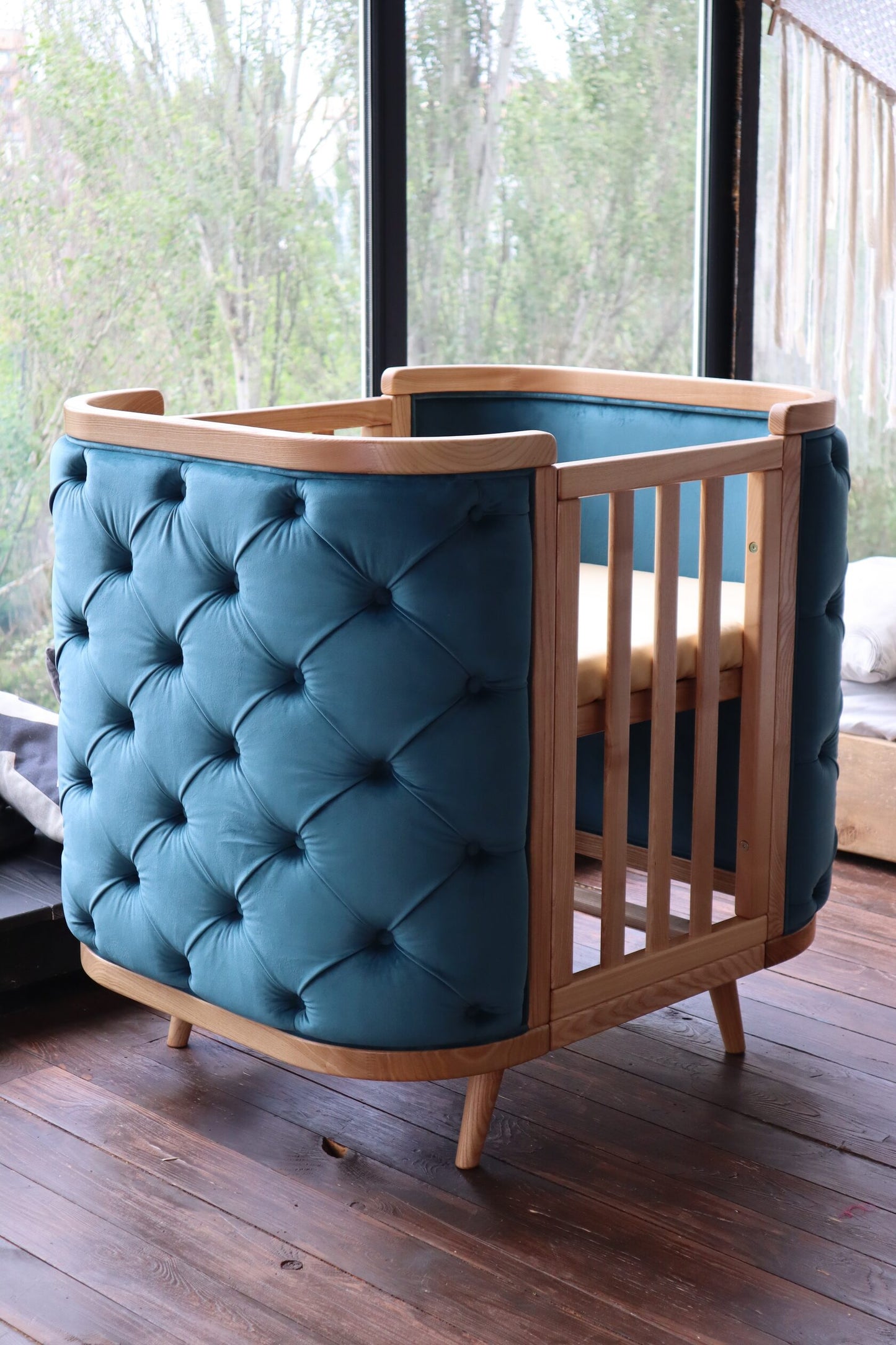 Gultiņa-transformers Boho ar kustīgu sienu 70/90-134 cm dabisks/dark mint velūrs - N1 Home