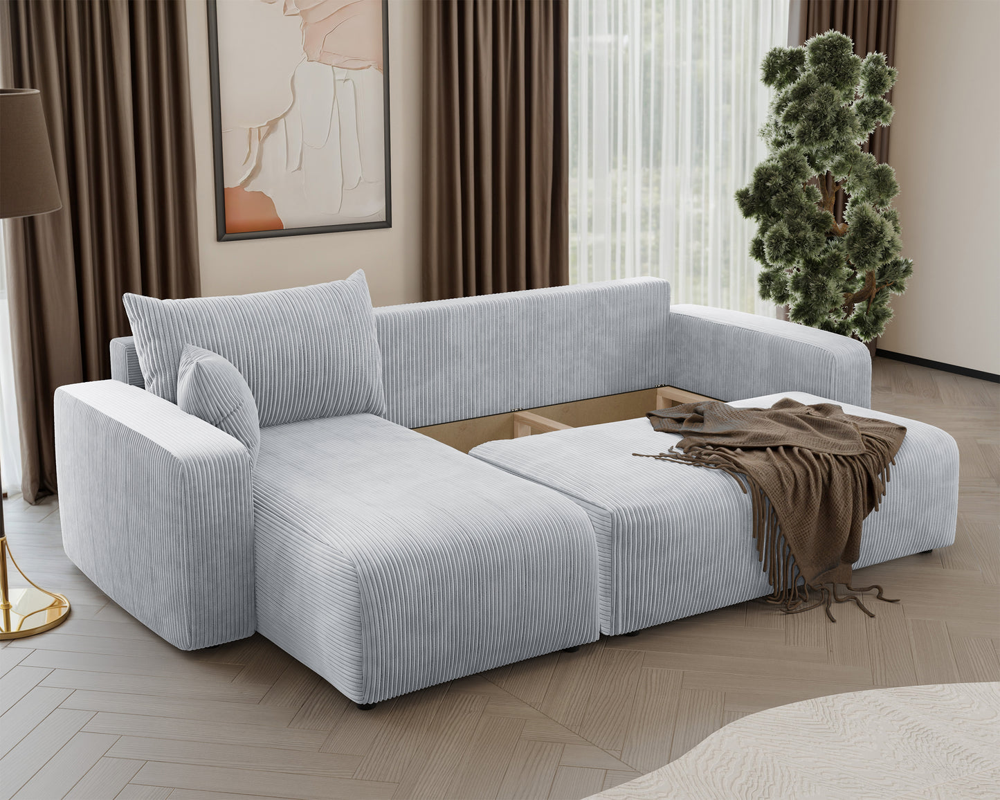 NONIPIA L-formas stūra dīvāns ar gulēšanas funkciju, ar konteineri, universāls, gaiši pelēks velvets - N1 Home