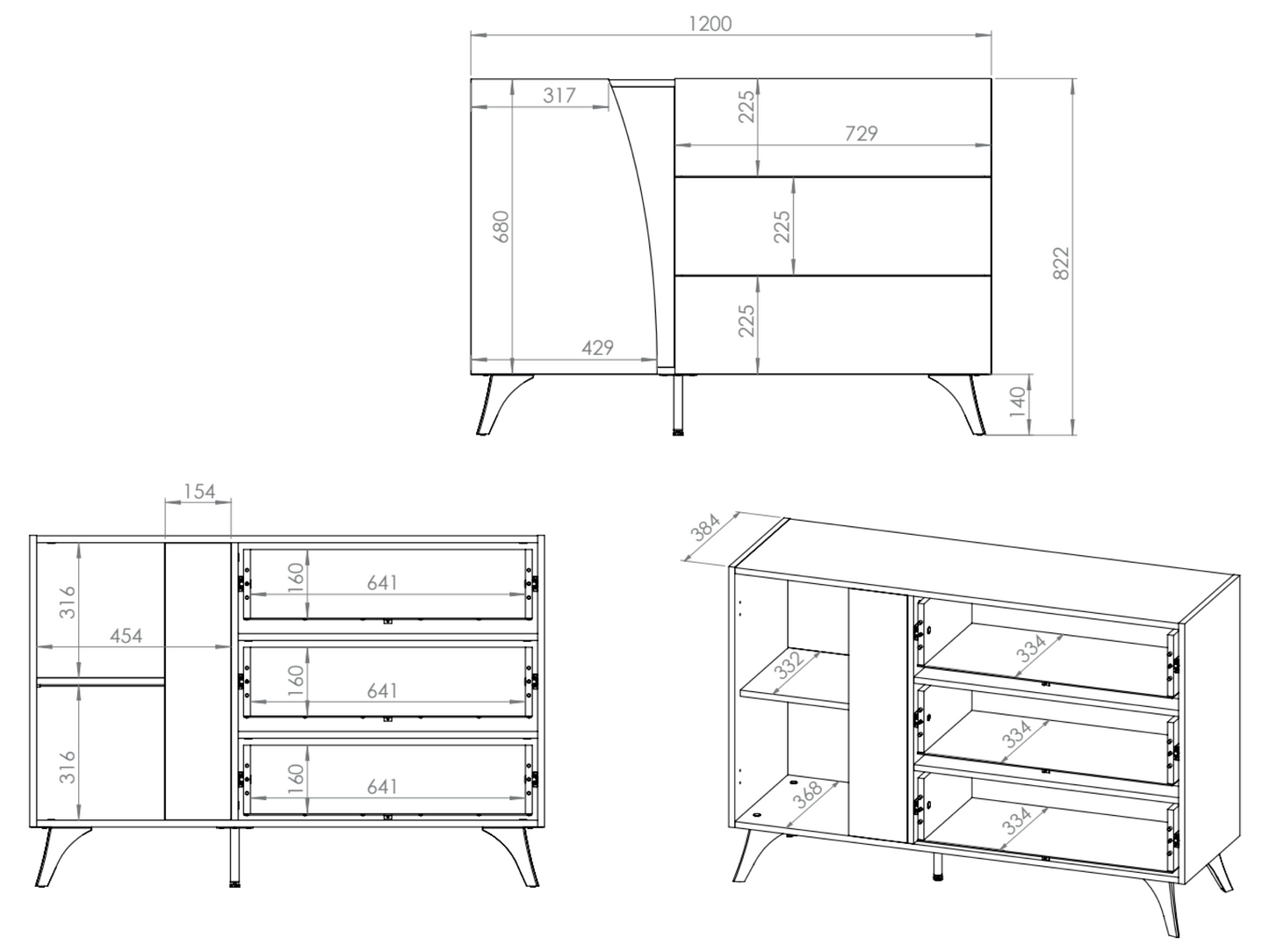 Kumode Toskana 120/82/38 cm ozols/melns