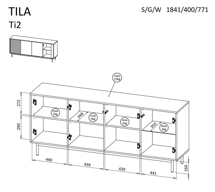 Kumode Tilipa 184/40/77 cm kašmirs/ellots ozols