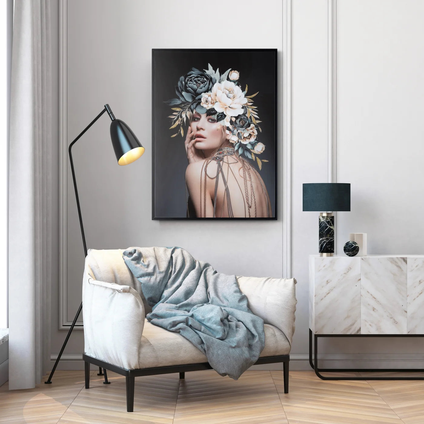 Glezna ar noslēpumainas sievietes audekla apdruka ar spoguļapdari 60/80 cm - N1 Home