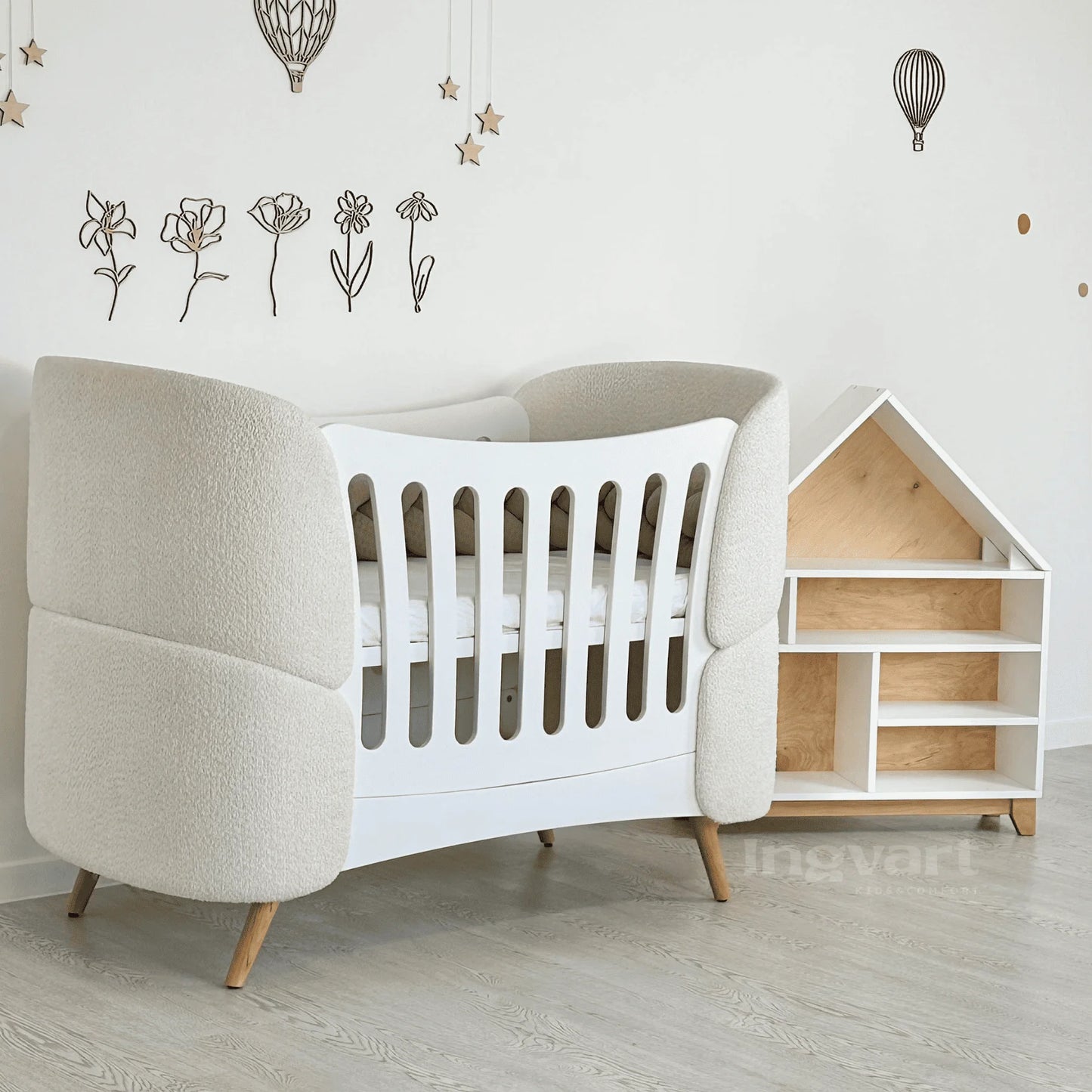 Ovāla bērnu gultiņa Transformers Fly Bed Boucle 145/104/66 cm balta bukle - N1 Home