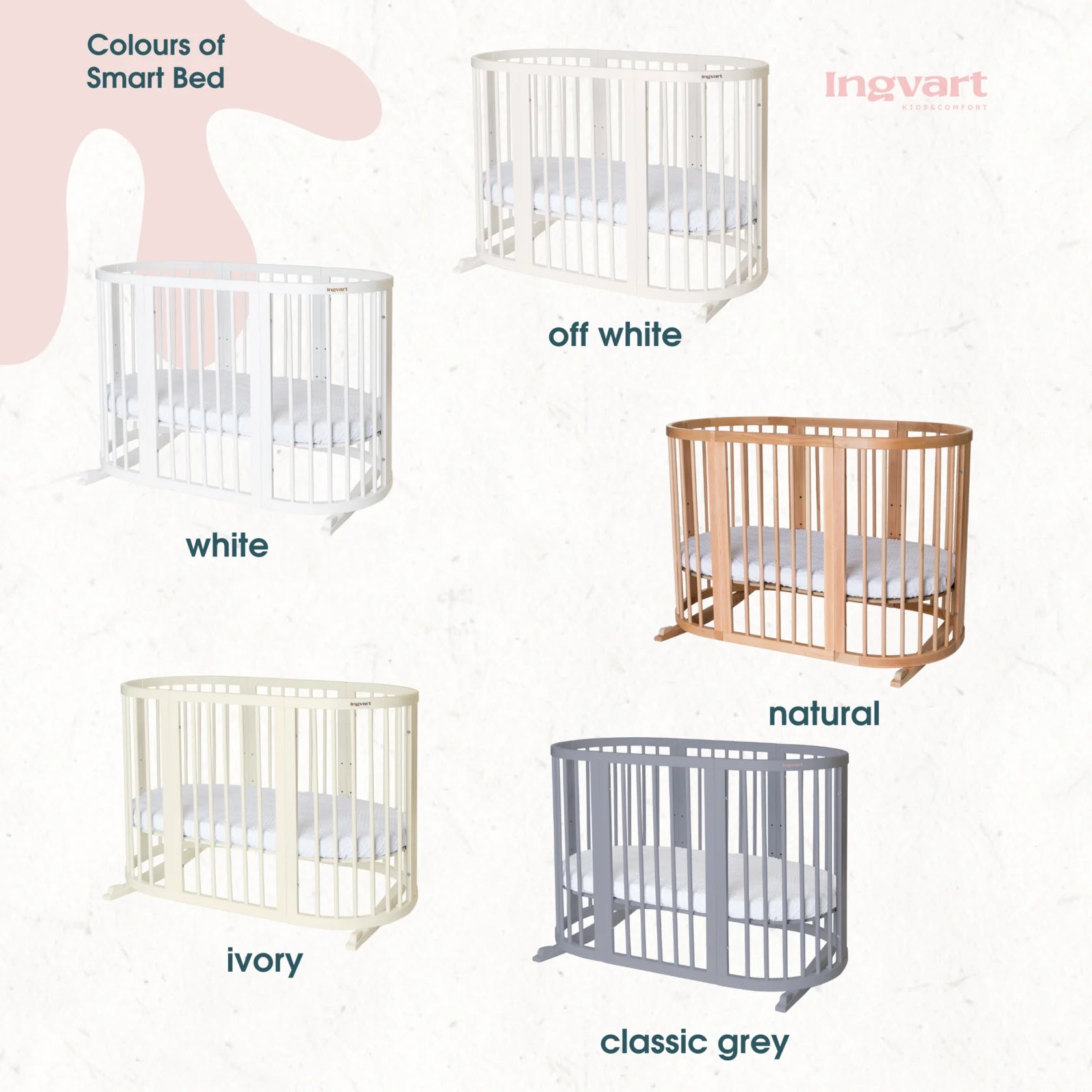 Ovāla bērnu gultiņa Transformers Smart Bed 7 in 1 82/75/60 cm piena krāsa - N1 Home