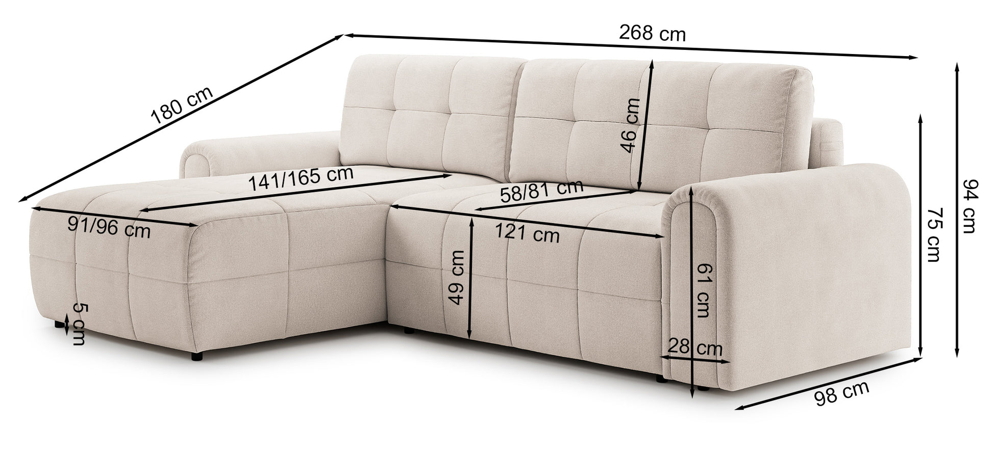 Dīvāns Simol 268/94/180 cm Storm 70 - N1 Home