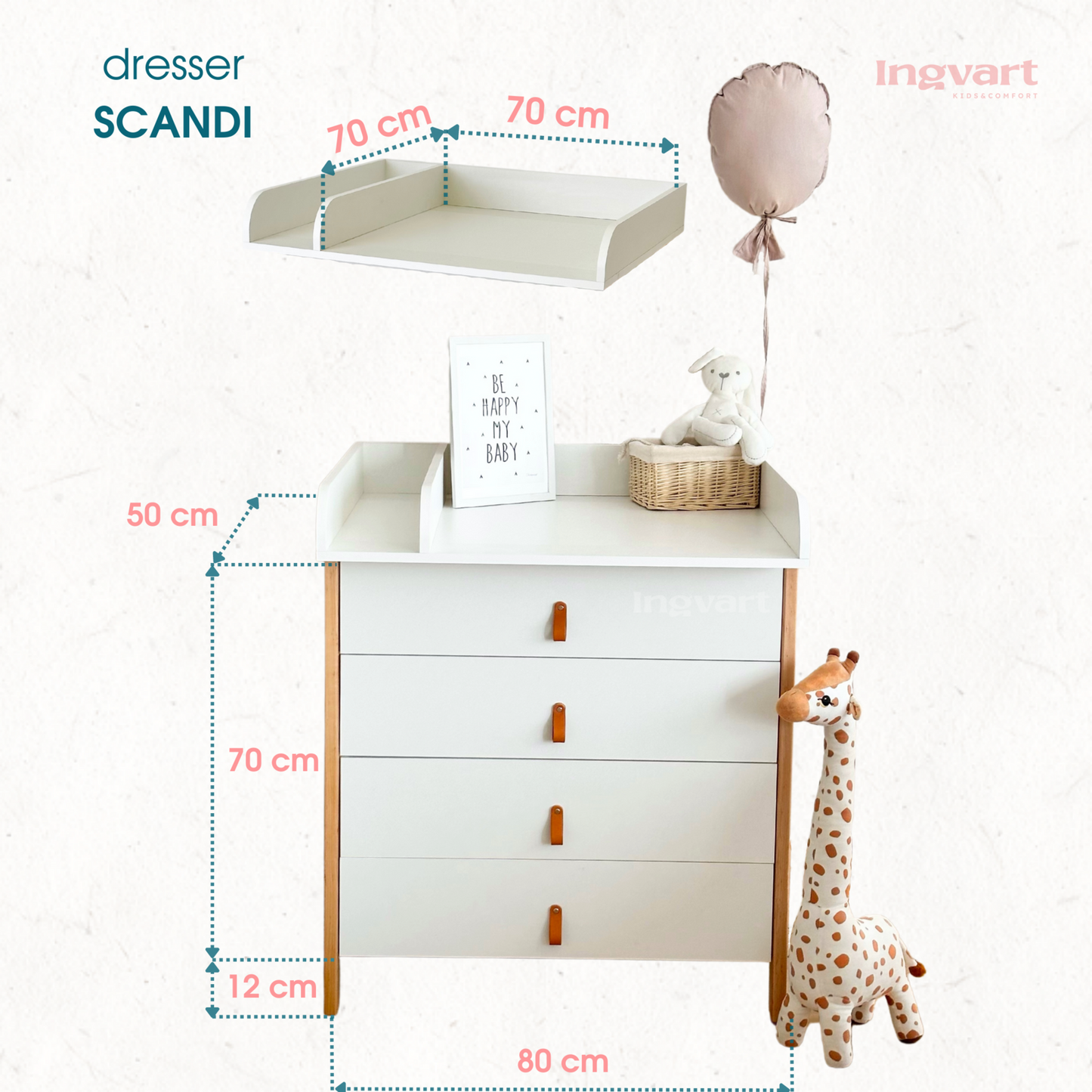 Ingvart Kumode ar Pārtinamo Galdiņu Scandi 82/80/50 cm White+Natural - N1 Home