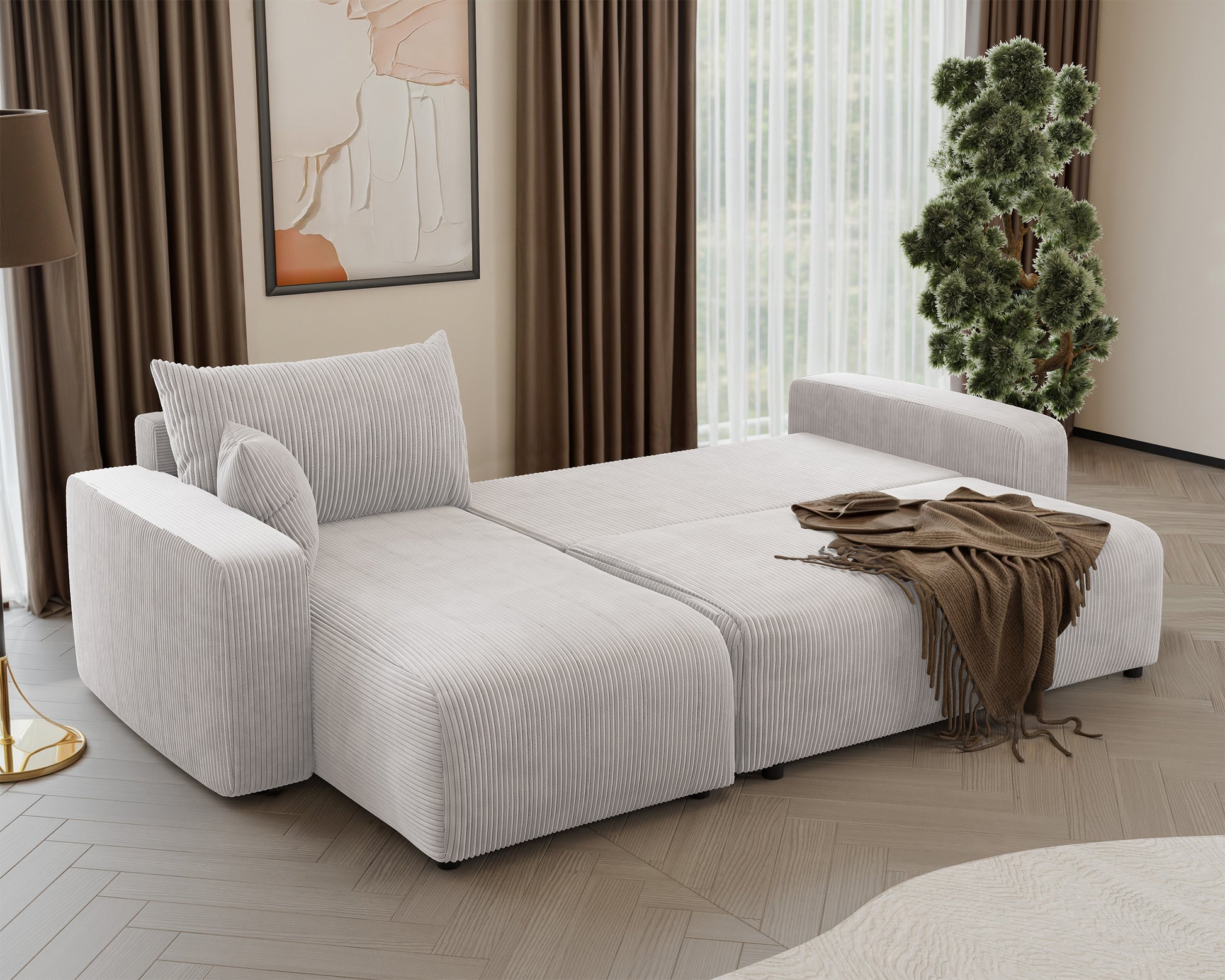 NONIPIA L-formas stūra dīvāns ar gulēšanas funkciju, ar konteineri, universāls, gaiši bēšs velvets - N1 Home