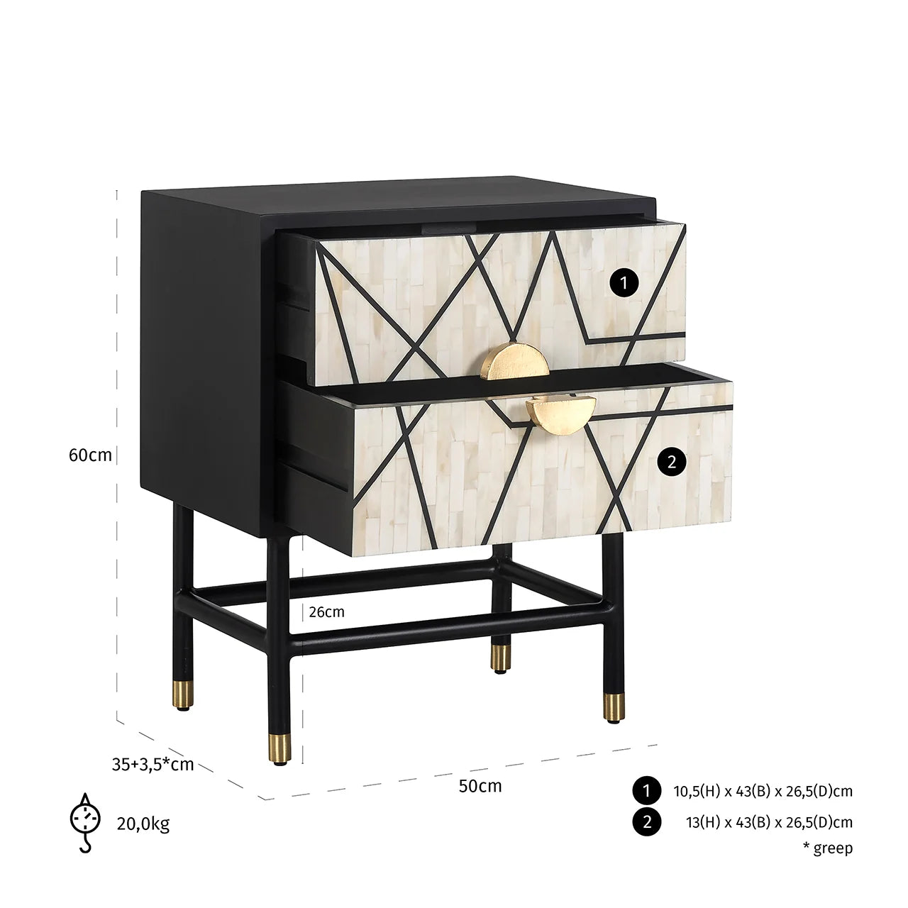 Naktsskapītis Novas ar 2 atvilktnēm Richmond Interiors 60/50/35 cm melns/balts - N1 Home