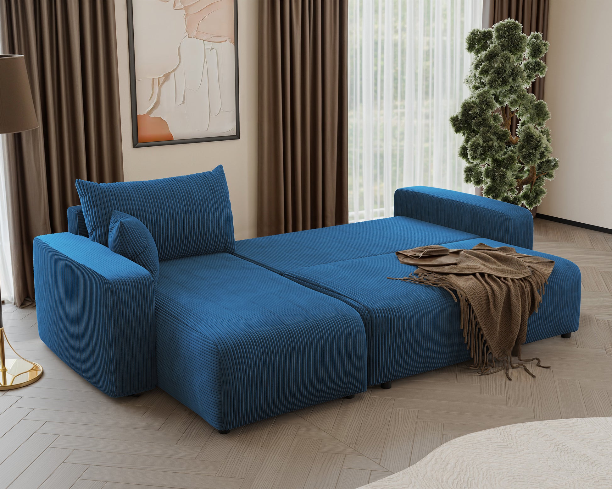 NONIPIA L-formas stūra dīvāns ar gulēšanas funkciju, ar konteineri, universāls, tumši zils velvets - N1 Home