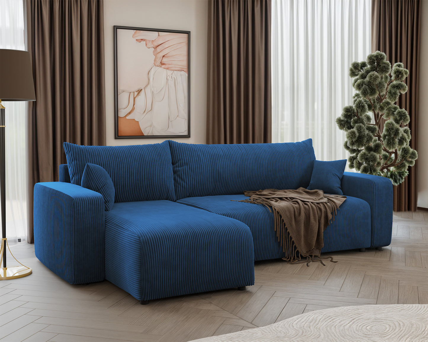 NONIPIA L-formas stūra dīvāns ar gulēšanas funkciju, ar konteineri, universāls, tumši zils velvets - N1 Home