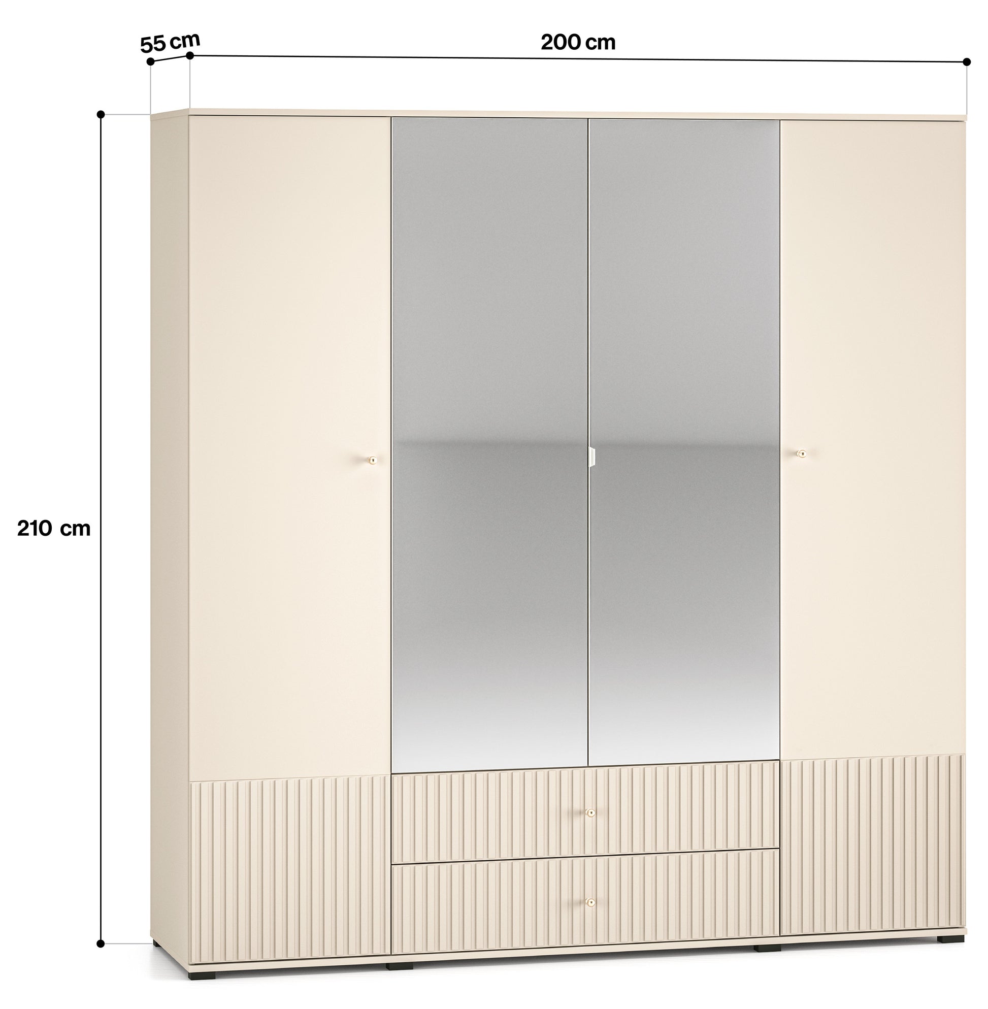Skapis GALETO četrdurvju ar spoguli (200/210/55 cm), smilškrāsa - N1 Home