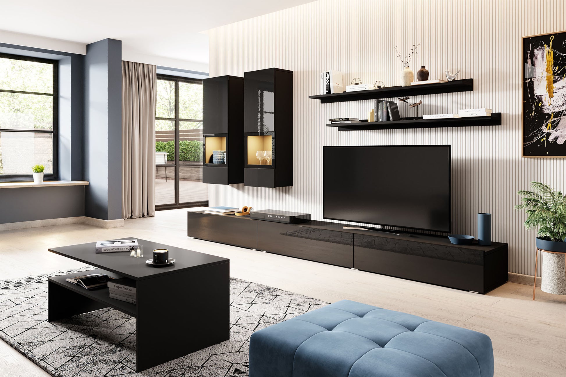 Sienas bloks Greece 270/41 cm melns spīdums/melns supermatēts - N1 Home