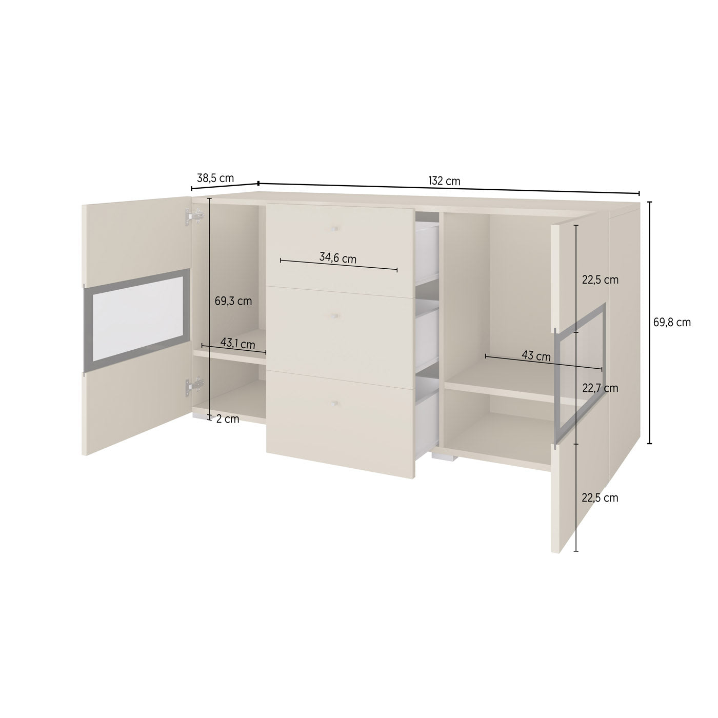 Kumode Barots 132/39/70 cm gaiši bēšs/melns - N1 Home