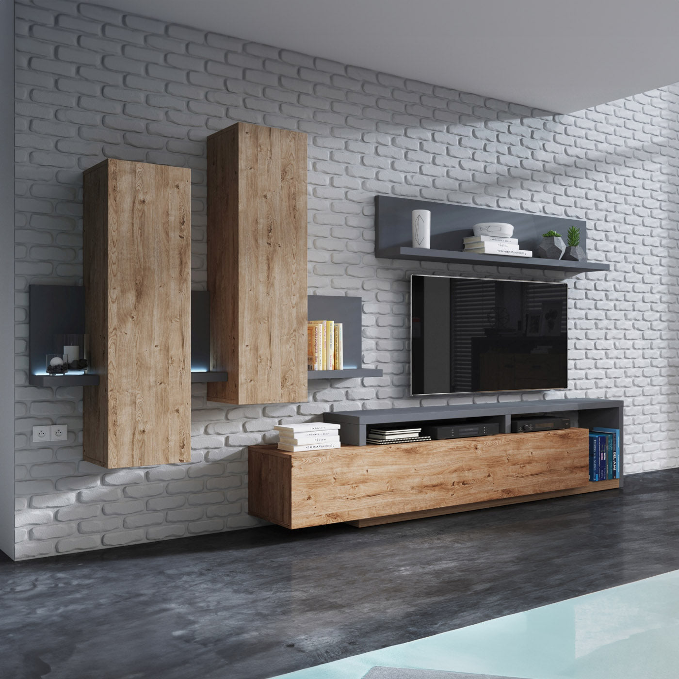 Sienas bloks Botes 219+/52/200 cm antracīts/ribbeka ozols - N1 Home