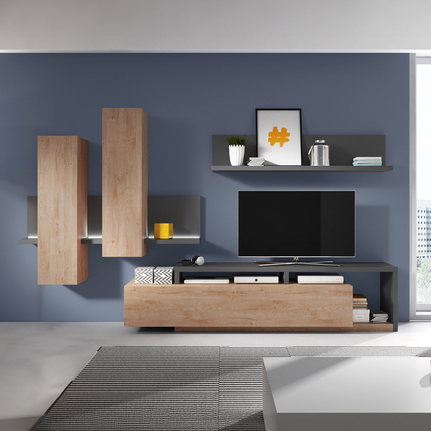 Sienas bloks Botes 219+/52/200 cm antracīts/ribbeka ozols - N1 Home