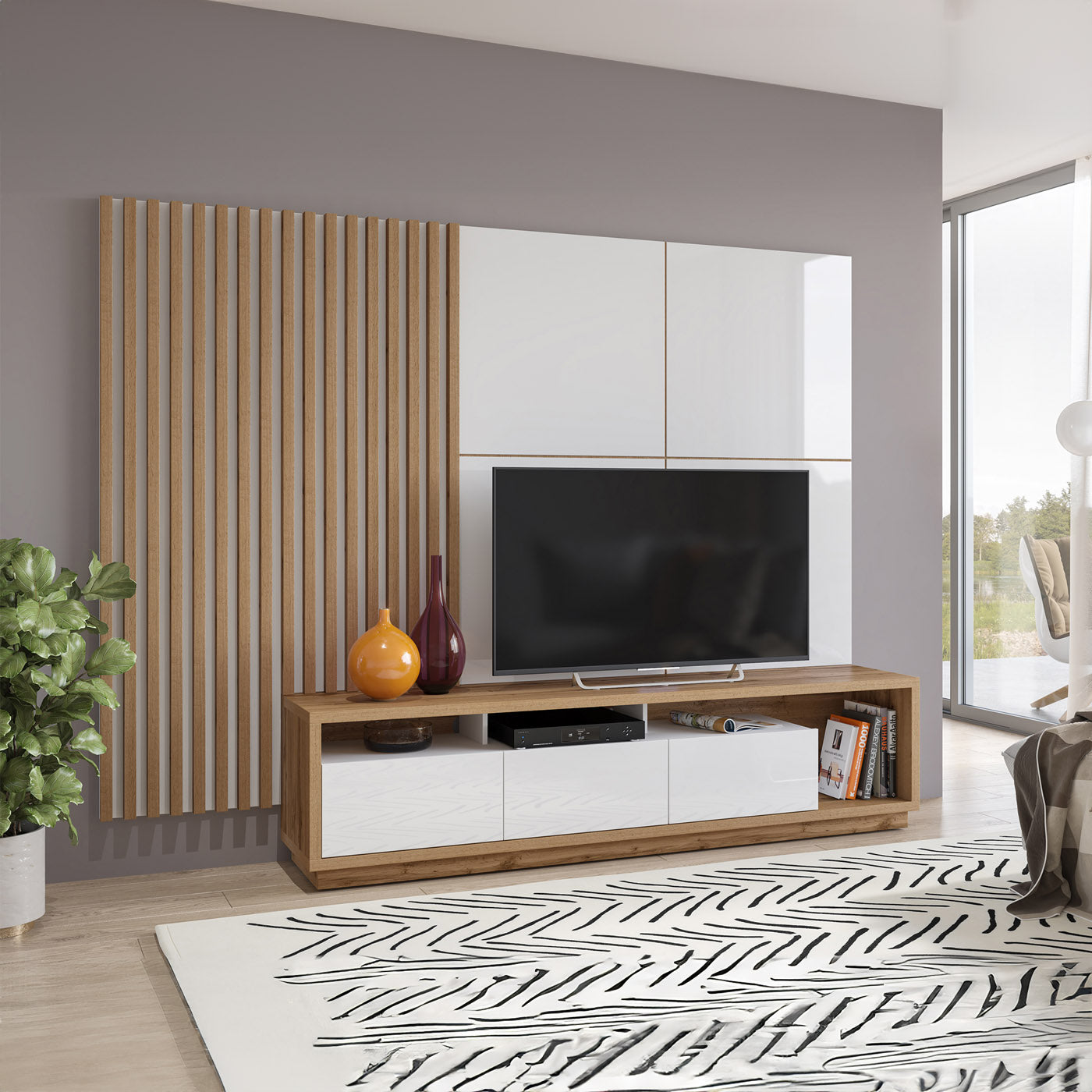 Sienas bloks Celija 215/196/45 cm balts/Votan ozols - N1 Home