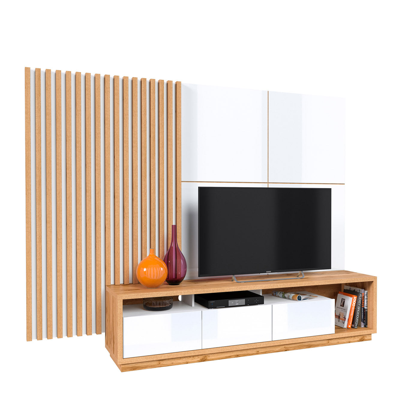 Sienas bloks Celija 215/196/45 cm balts/Votan ozols - N1 Home