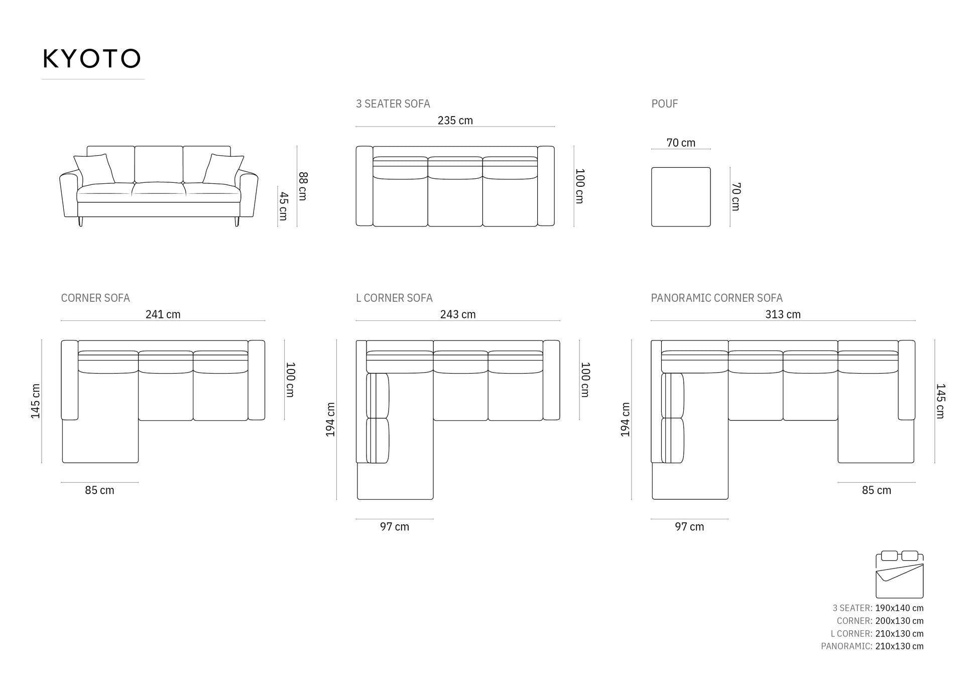 Dīvāns Cosmopolitan Design Kyoto 235x100x88 cm melns - N1 Home