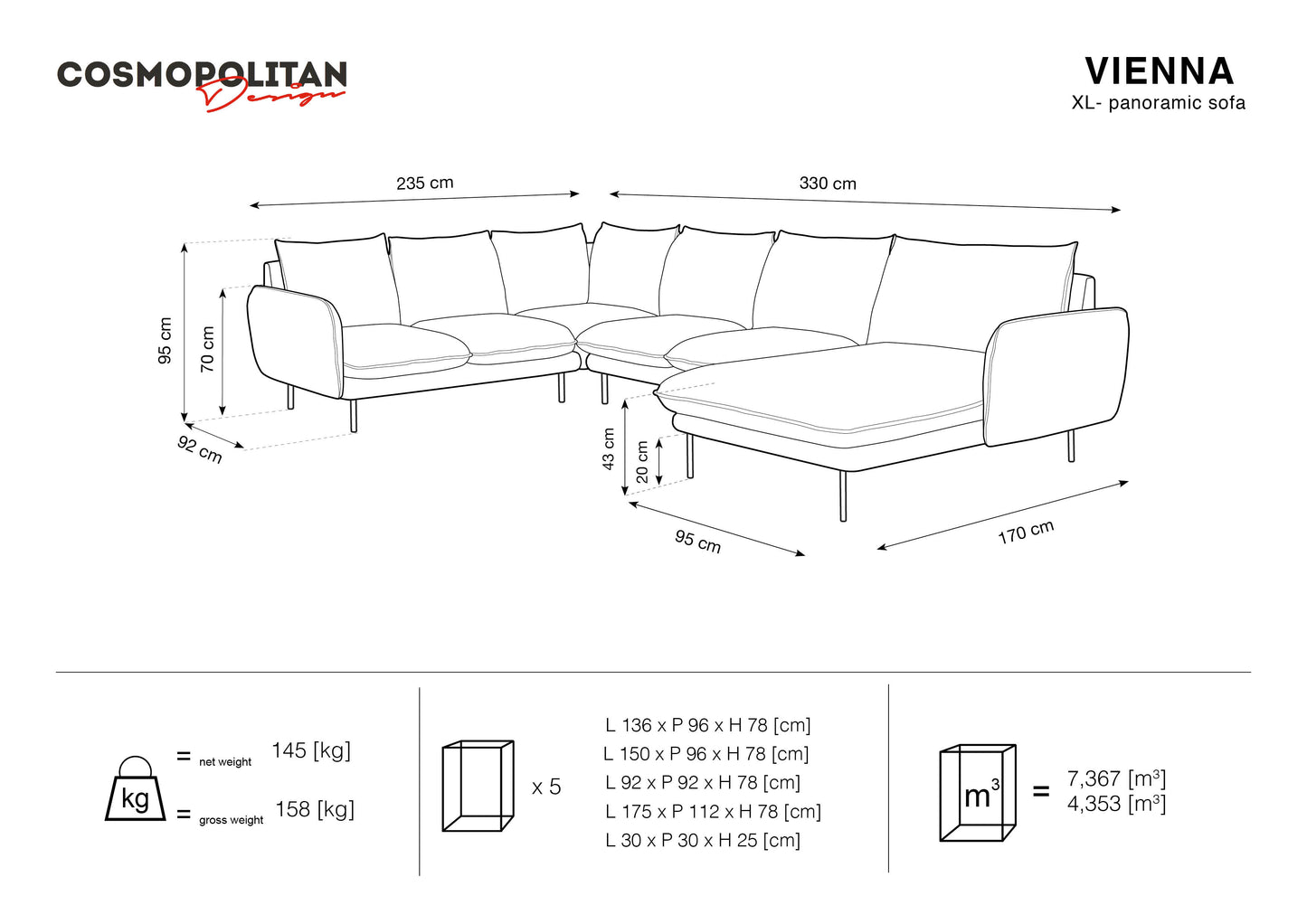 Dīvāns Cosmopolitan Design Vienna samta 330x235x95 cm gaiši pelēks - N1 Home