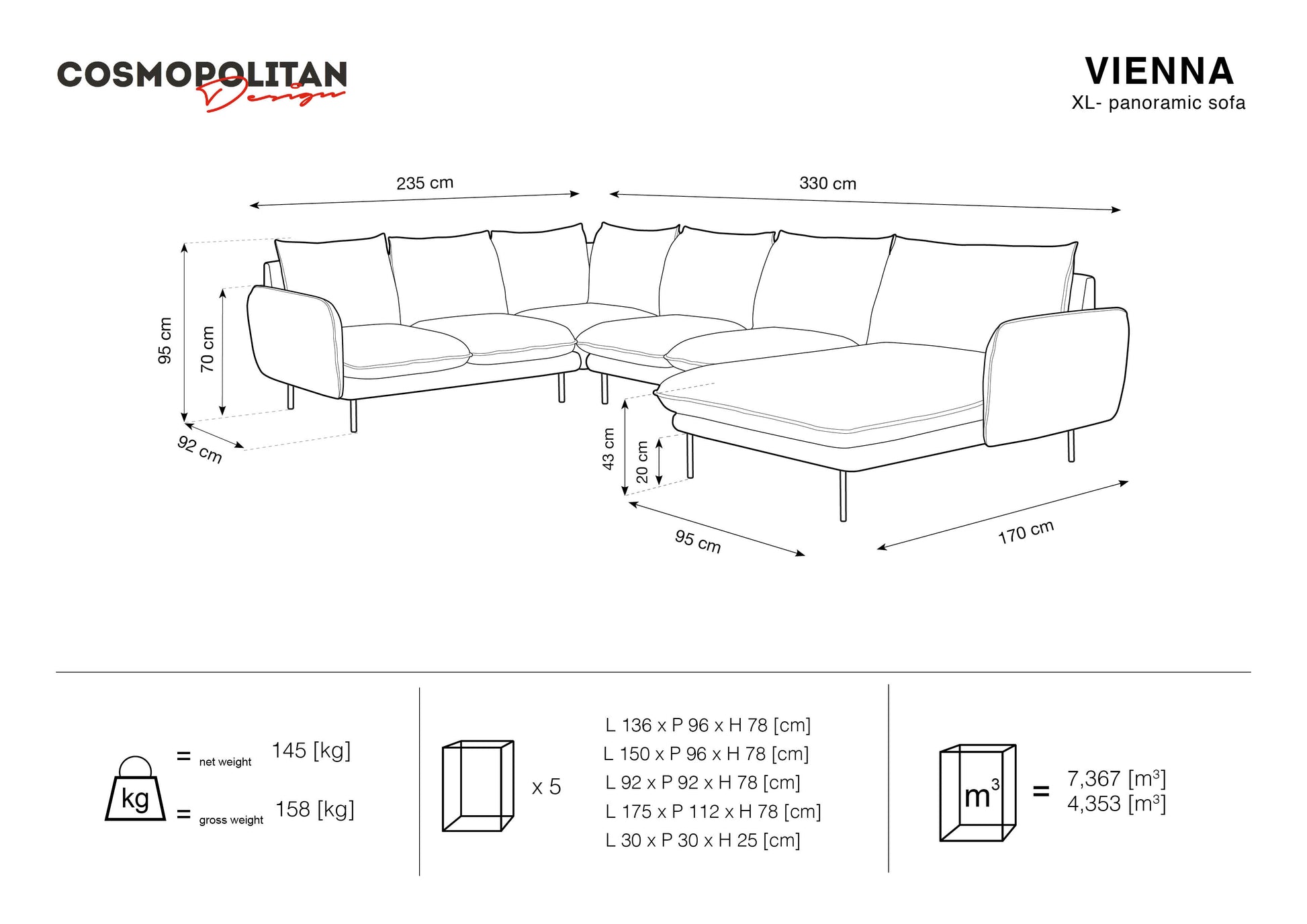 Dīvāns Cosmopolitan Design Vienna samta 330x235x95 cm tumši zaļš - N1 Home
