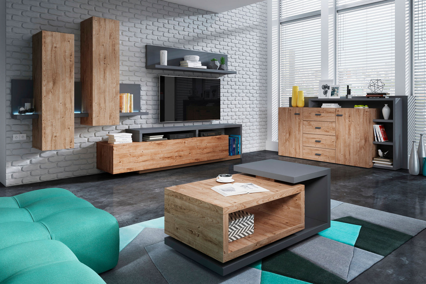 Sienas bloks Botes 219+/52/200 cm antracīts/ribbeka ozols - N1 Home