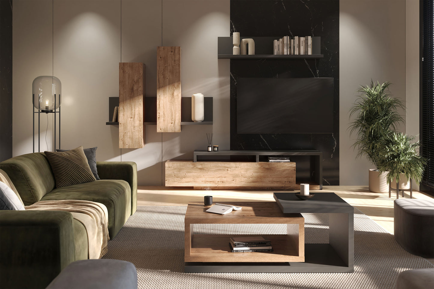 Sienas bloks Botes 219+/52/200 cm antracīts/ribbeka ozols - N1 Home