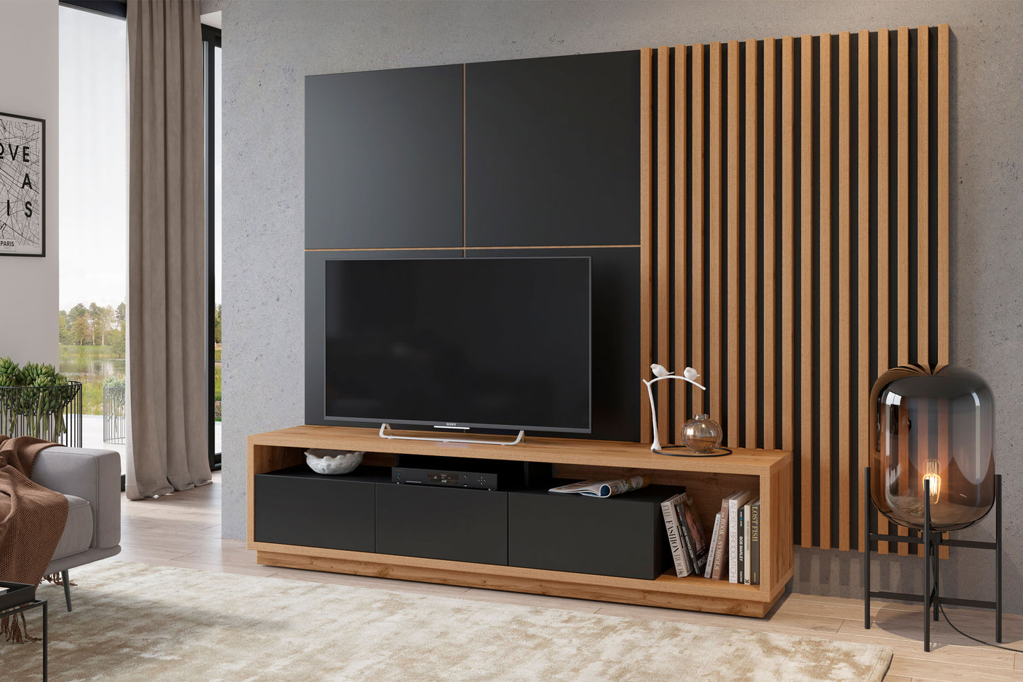 Sienas bloks Celija 200/196/45 cm melns/Votan ozols - N1 Home