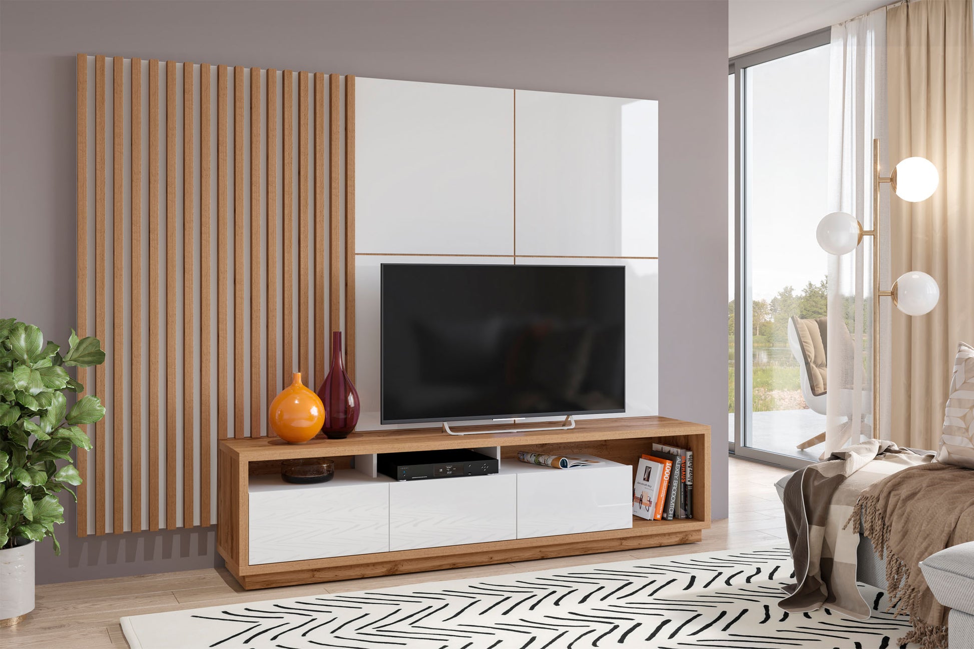 Sienas bloks Celija 215/196/45 cm balts/Votan ozols - N1 Home