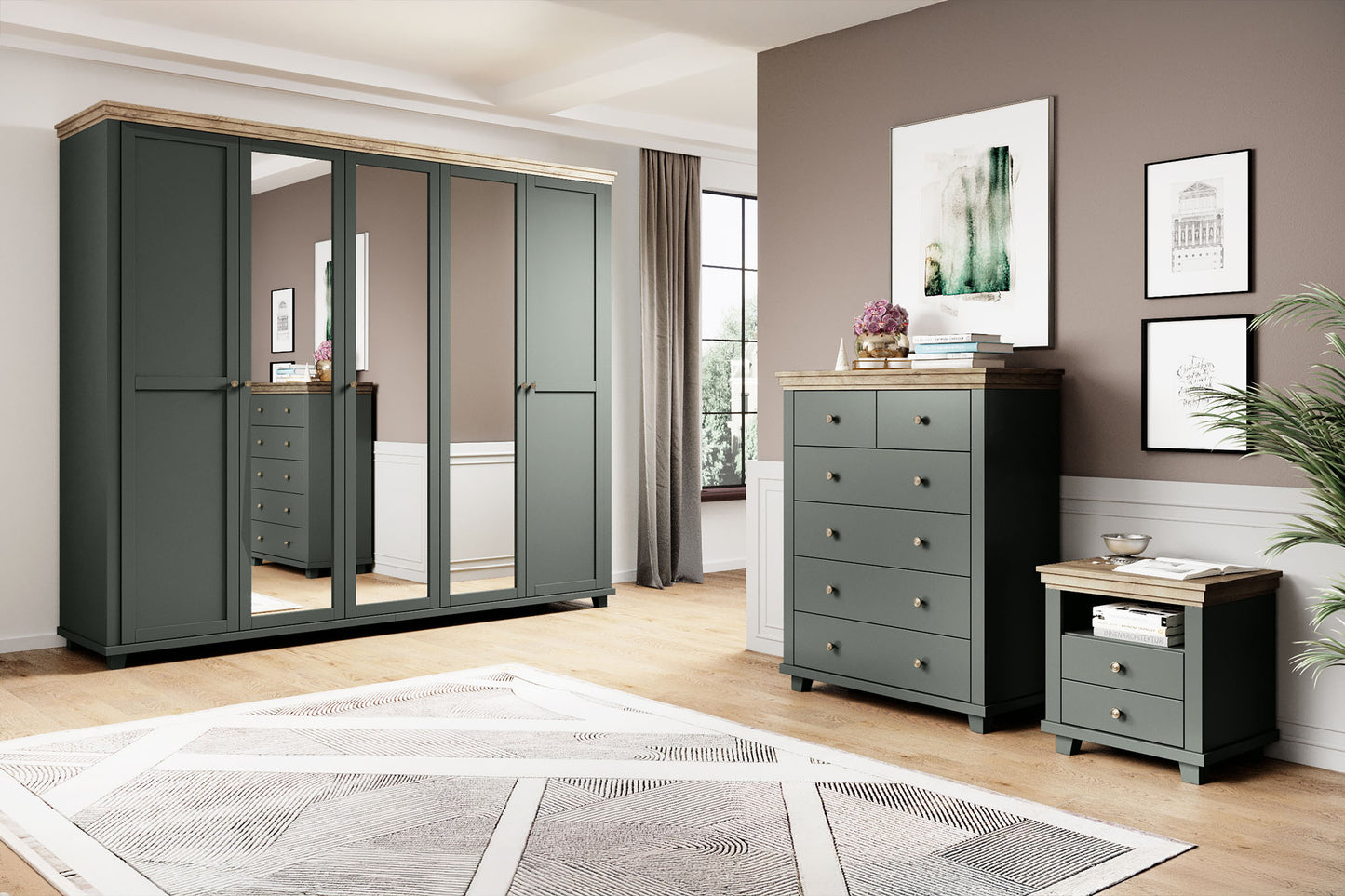 Skapis Evtar 200; 246/216/62 cm zaļs/Lefkas ozols