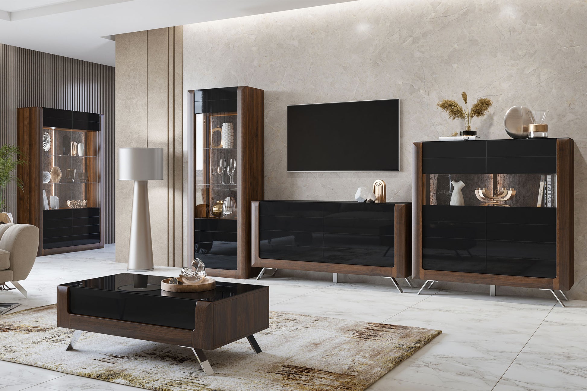 TV skapis Kavasari 199/48/52 cm Kolumbijas valrieksts/melns - N1 Home