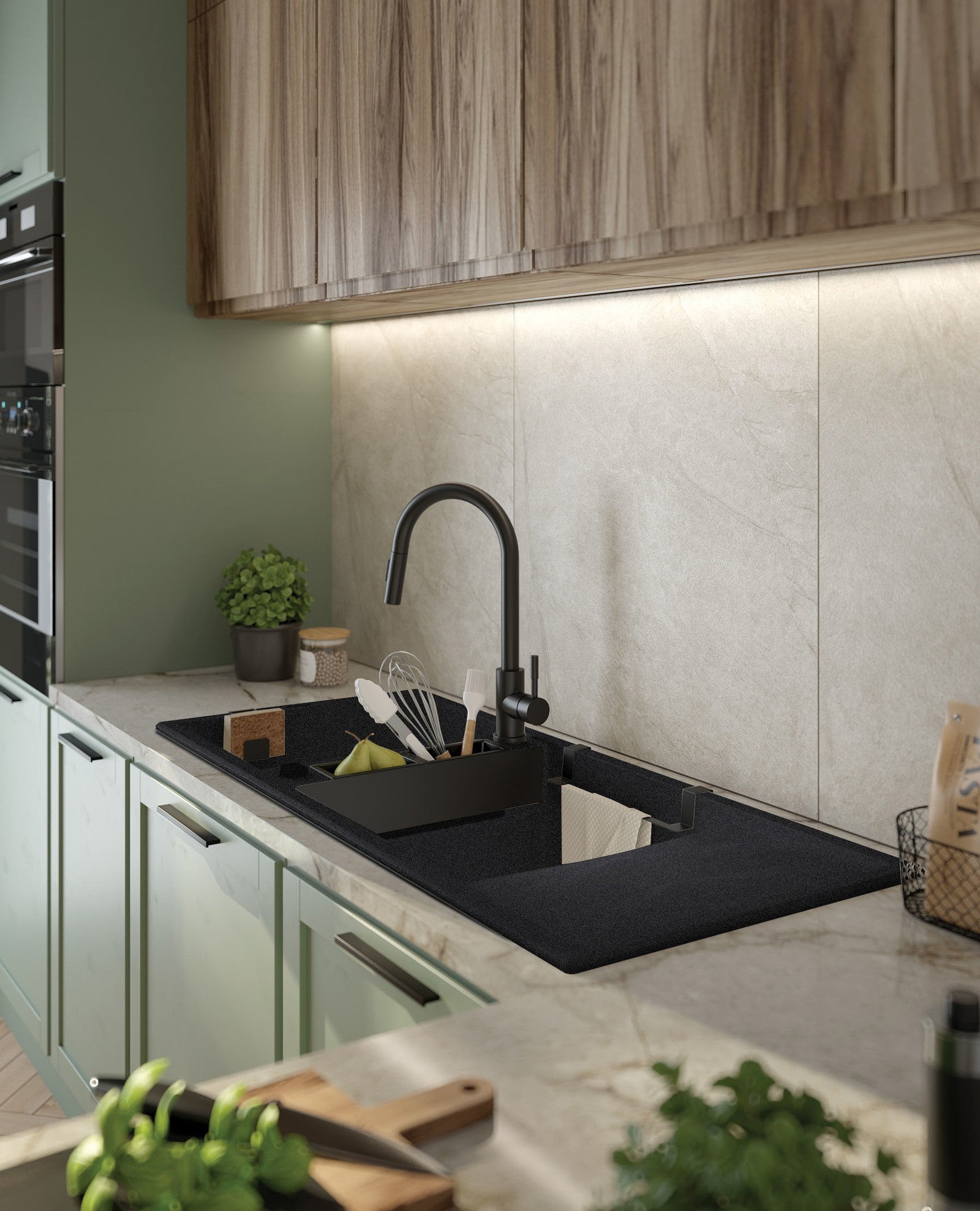 Magnētiskā 2 bļodiņu granīta izlietne ar notekcauruli Magnetic 1160 x 500 x 224 nero - N1 Home