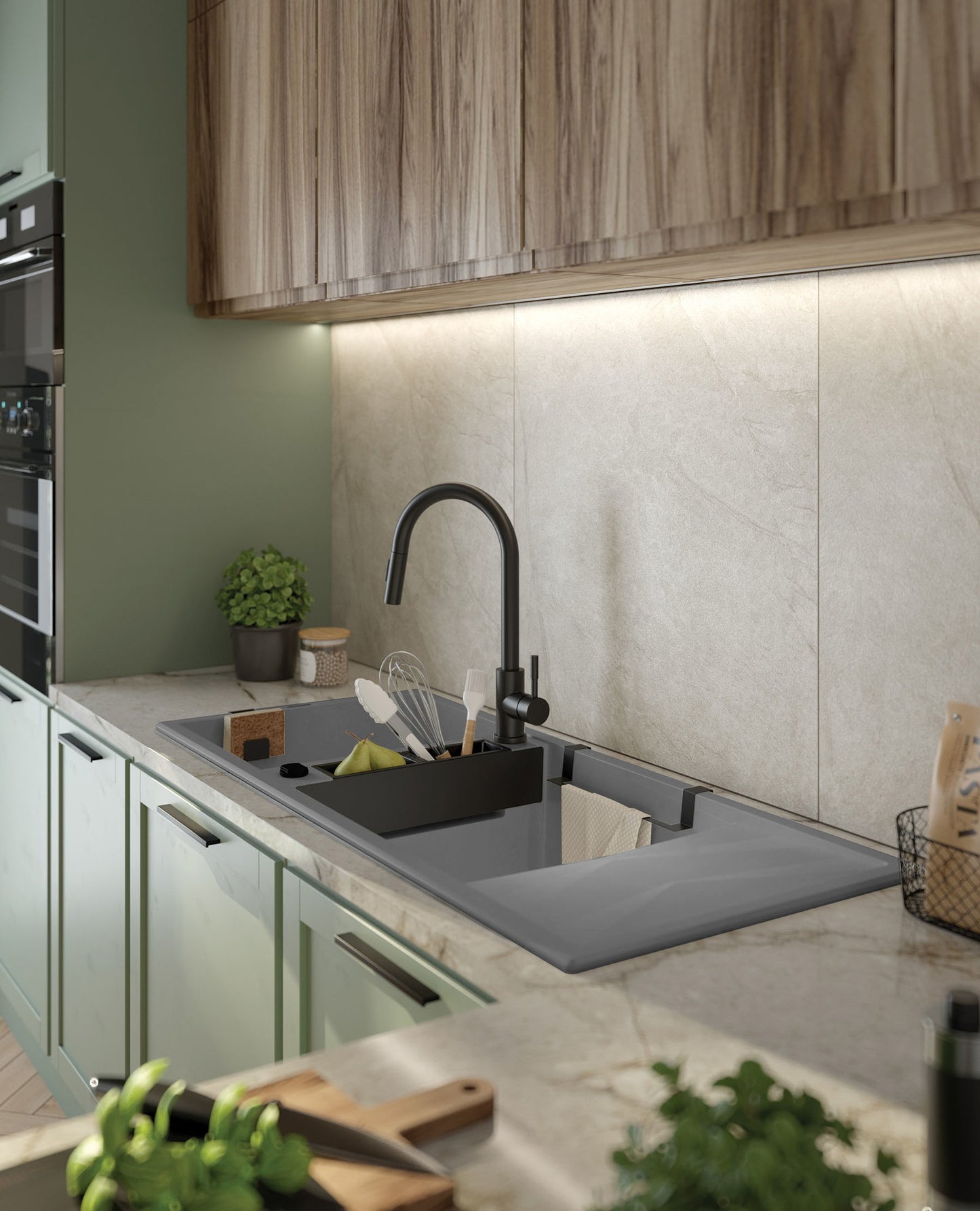 Magnētiskā 2 bļodiņu granīta izlietne ar notekcauruli Magnetic 1160 x 500 x 224 metāliski pelēka - N1 Home