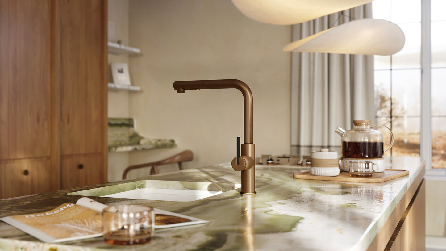 Virtuves jaucējkrāns ar izvelkamu snīpi MOMI 34,8 cm matēta bronza - N1 Home