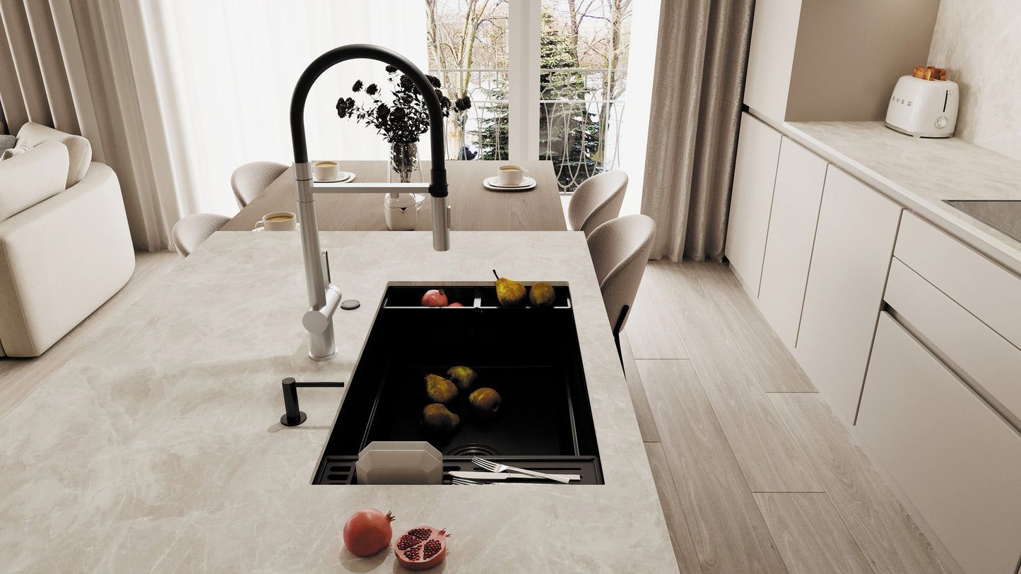 Virtuves jaucējkrāns ar ūdens filtra pieslēgumu un elastīgu snīpi Magnetic 549 mm matēts zelts - N1 Home