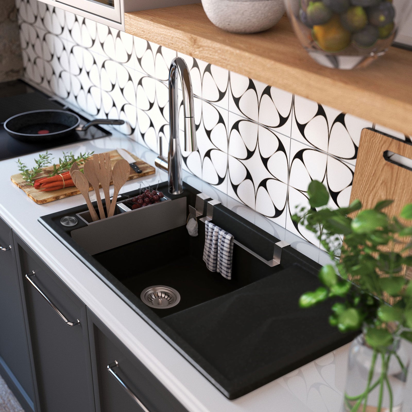 Magnētiskā 1 bļodas granīta izlietne ar izlietni Magnetic 820 x 500 x 219 nero - N1 Home