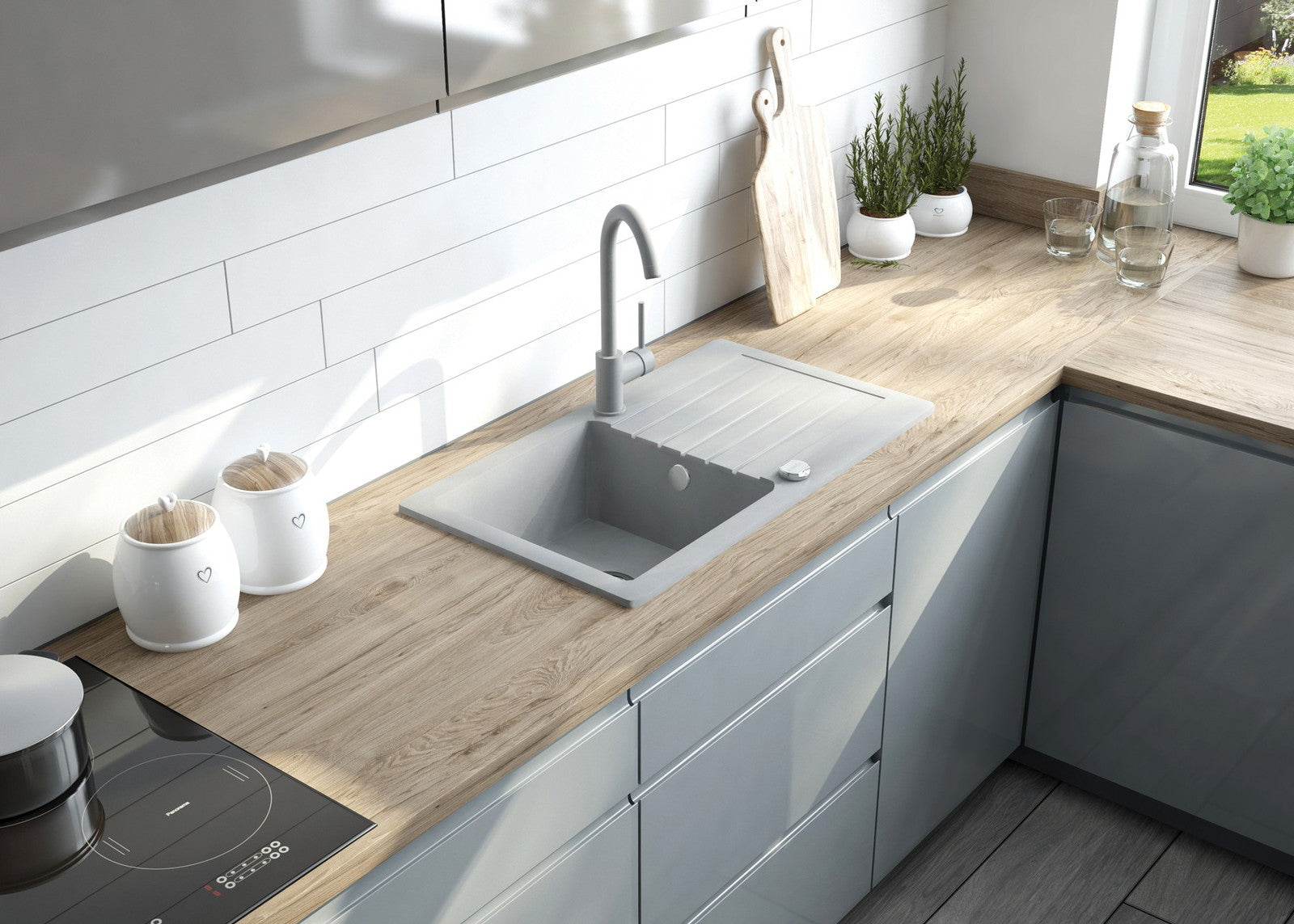 Granīta izlietne ar jaucējkrānu 1-bļodas izlietne ar izlietni Zorba 760 x 440 x 160 antracīta metālika - N1 Home