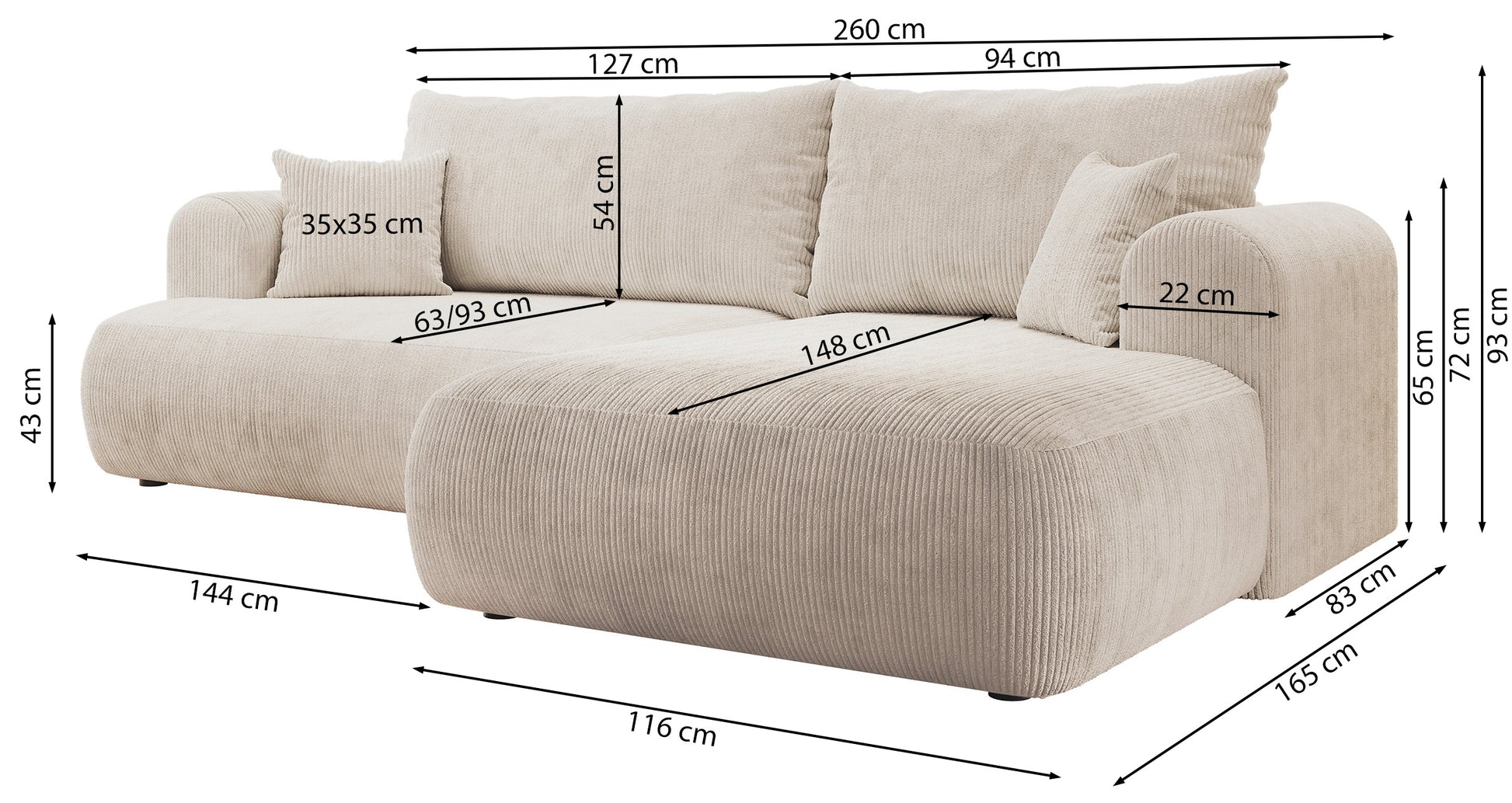 Dīvāns Ovors 93/260/165 cm Lincoln D 37 - N1 Home