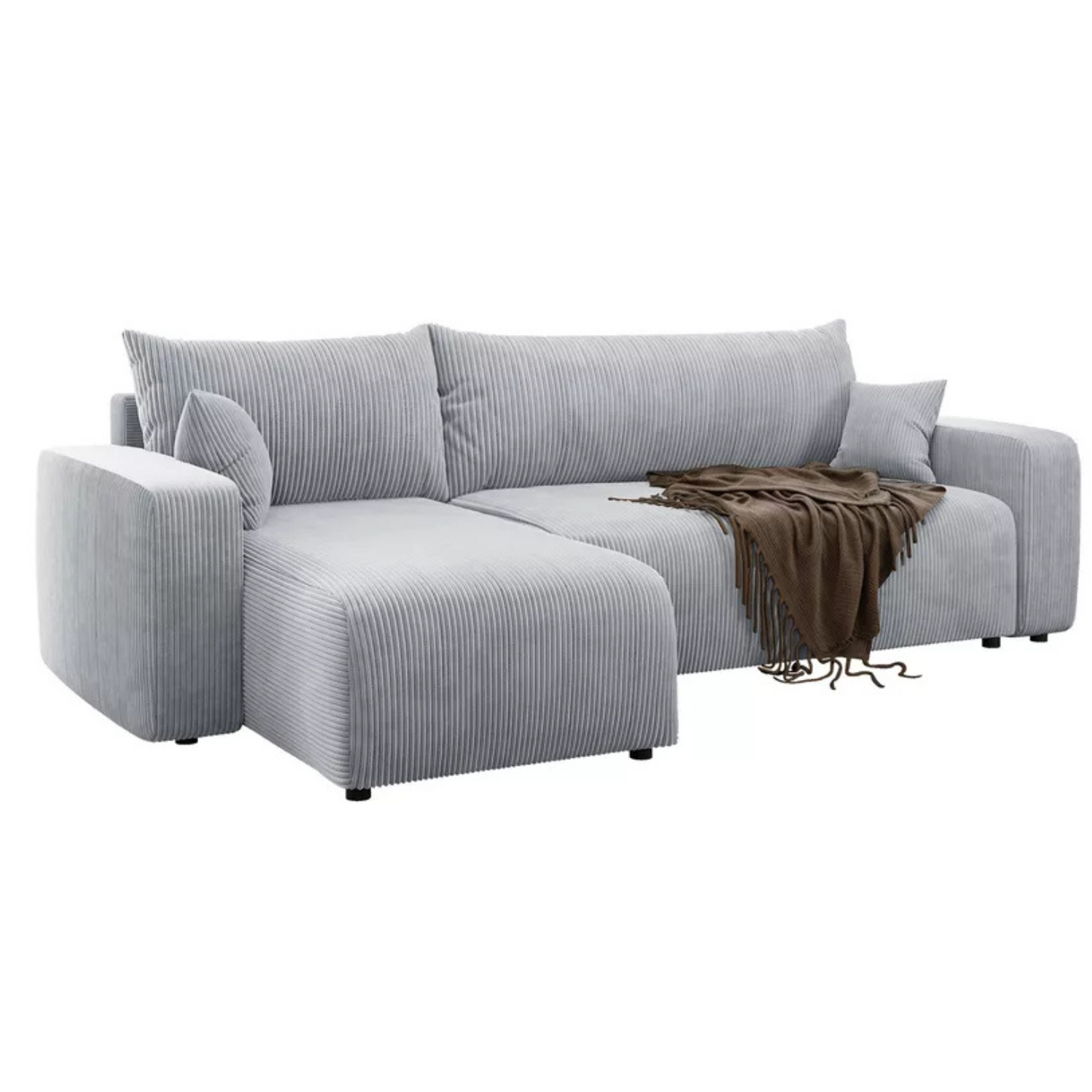 NONIPIA L-formas stūra dīvāns ar gulēšanas funkciju, ar konteineri, universāls, gaiši pelēks velvets - N1 Home