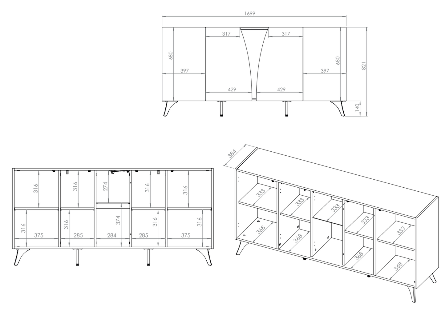 Kumode Toskana 169/82/38 cm ozols/melns